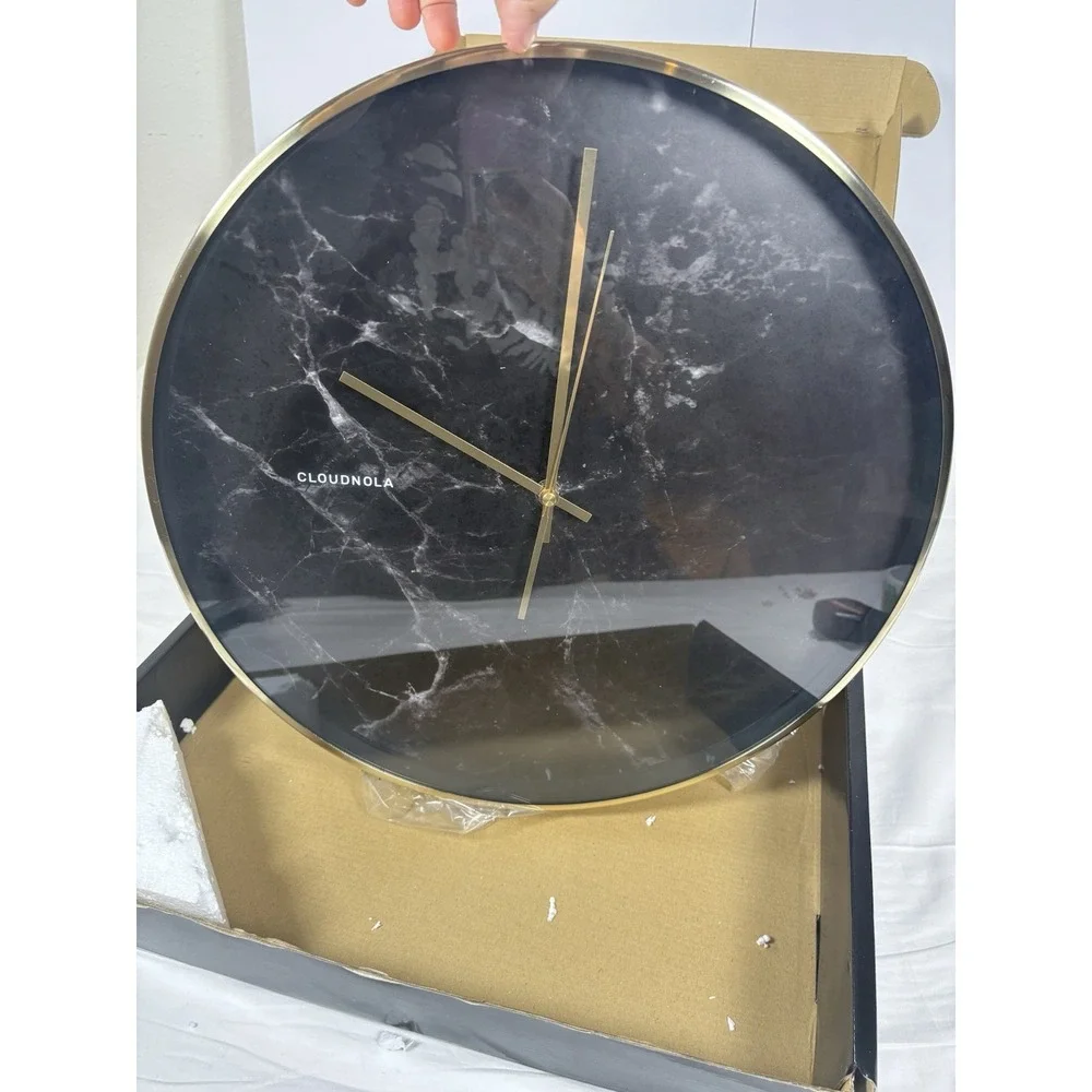 cloudnola Structure B faux Marble Wall Clock Black Gold Frame Modern Quartz NEW